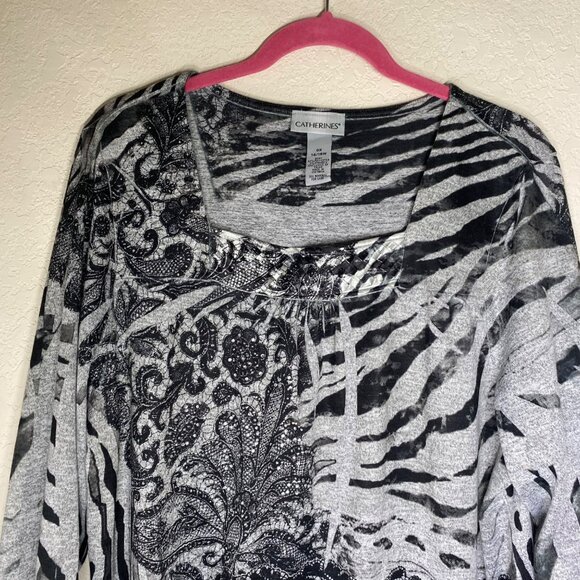 Catherines Top Womens Black & Gray14/16W Artsy Pullover Tunic - Picture 3 of 12